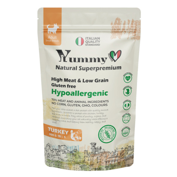 Yummy Linea сухой низкозерновой корм для взрослых собак мелких и миниатюрных пород, с индейкой - 300 г