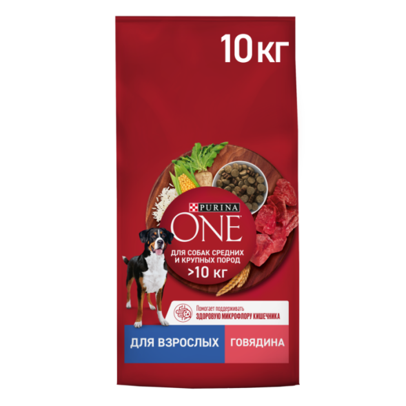 Сухой корм Purina ONE для взрослых собак средних и крупных пород, с говядиной и рисом 10кг