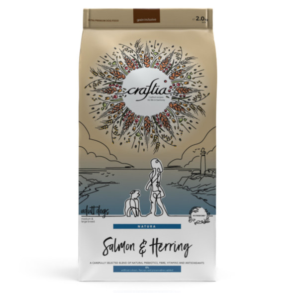 Craftia Natura сухой корм для взрослых собак средних и крупных пород с лососем и сельдью - 2 кг