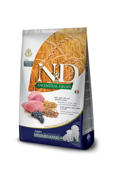 Farmina N&amp;amp;D Ancestral Grain Dog Lamb Blueberry Puppy Medium &amp;amp; Maxi сухой низкозерновой корм для щенков средних и крупных пород, беременных и кормящих собак с ягненком и черникой - 2,5 кг
