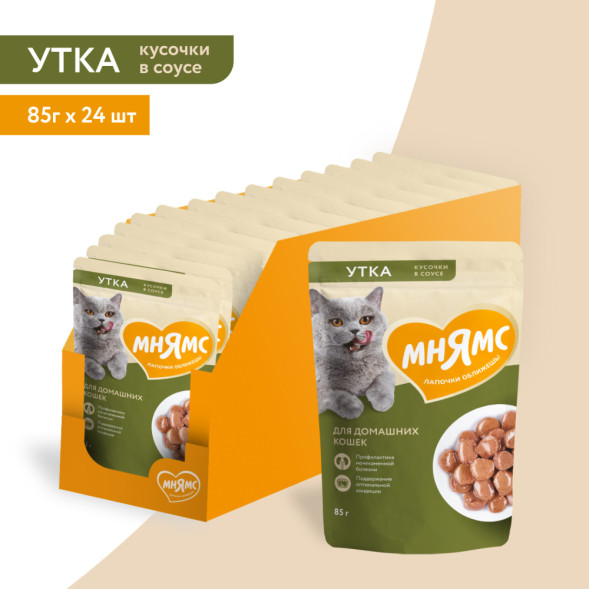 Мнямс влажный корм для домашних кошек кусочки с уткой в соусе, в паучах - 85 г х 24 шт