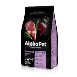 AlphaPet Superpremium полнорационный сухой корм для взрослых собак средних пород с чувствительным пищеварением, с бараниной и потрошками - 12 кг