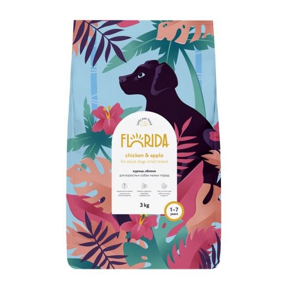 Florida сухой корм для взрослых собак мелких пород с курицей и яблоком - 3 кг