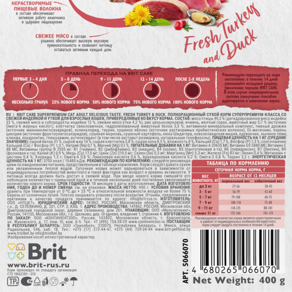 Brit Care Cat Adult Delicious Taste сухой корм для взрослых привередливых кошек, с индейкой и уткой - 400 г
