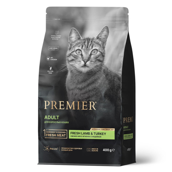 Premier Cat Lamb &amp;amp; Turkey Adult сухой корм для взрослых кошек, свежее мясо ягненка с индейкой - 400 г