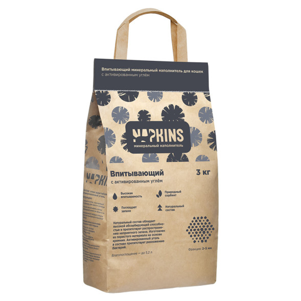 NAPKINS минеральный впитывающий наполнитель для кошачьего туалета, с активированным углем - 4,48 л (3 кг)
