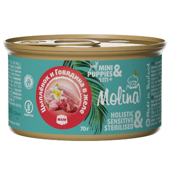 Molina влажный корм для собак мелких пород и щенков с цыпленком и говядиной, в желе, в консервах - 70 г x 12 шт