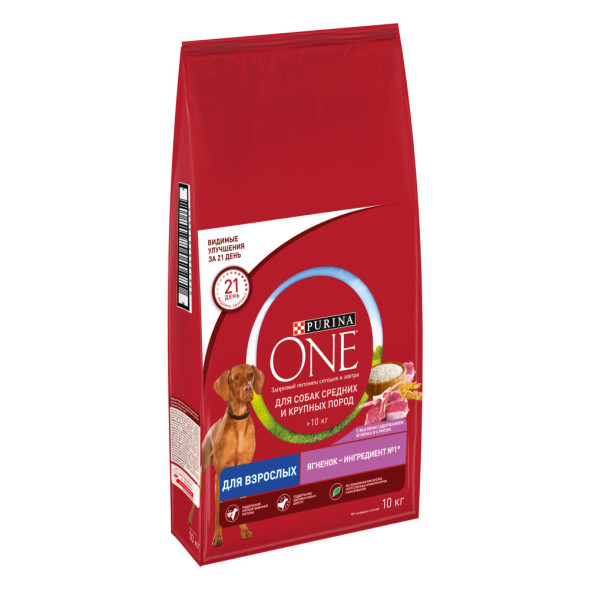 Purina ONE сухой корм для взрослых собак средних и крупных пород с ягненком и рисом - 10 кг