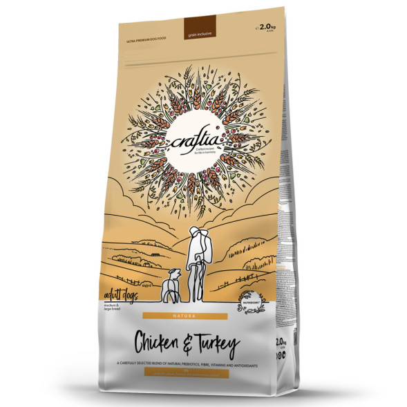 Craftia Natura сухой корм для взрослых собак средних и крупных пород с курицей и индейкой - 2 кг