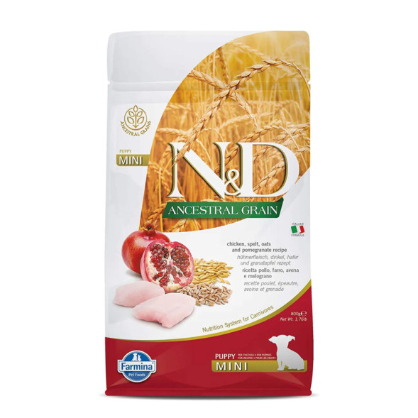 Farmina N&amp;amp;D Ancestral Grain Dog Chicken &amp;amp; Pomegranate Puppy Mini сухой низкозерновой корм для щенков мелких пород с курицей и гранатом - 800 г