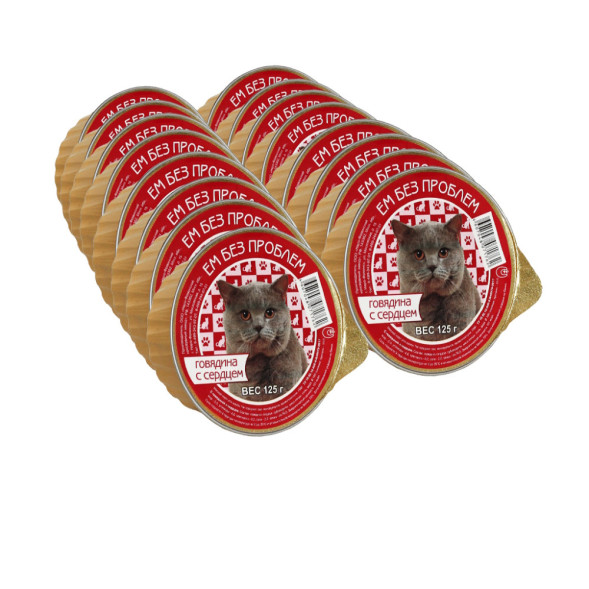Ем без проблем влажный корм для кошек с говядиной и сердцем, в ламистерах - 125 г х 16 шт
