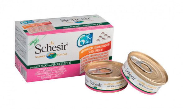 Schesir Cat Adult влажный корм для взрослых кошек с филе цыпленка и ветчиной в консервах - 50 г х 6 шт
