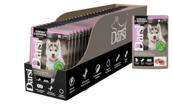 Darsi паучи для щенков всех пород, с телятиной и морковью - 85 г х 32 шт