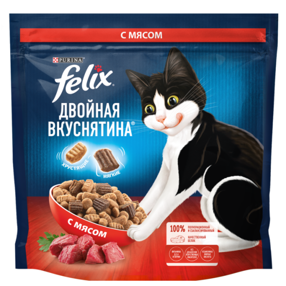 Сухой корм Felix Двойная Вкуснятина для взрослых кошек, с мясом 1.3кг