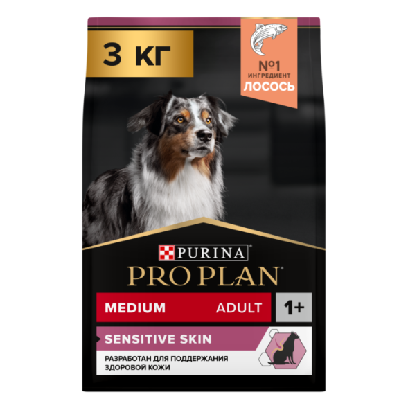 Сухой корм PRO PLAN® для взрослых собак средних пород с чувствительной кожей, с высоким содержанием лосося 3 кг