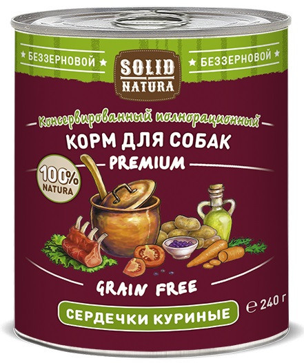 Solid Natura Premium Сердечки куриные влажный корм для собак жестяная банка 0,24 кг (12 шт в уп)