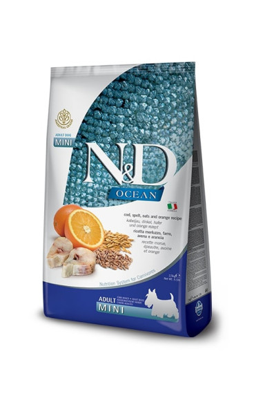Farmina N&amp;amp;D Ocean Dog Godfish, Spelt, Oats &amp;amp; Orange Adult Mini сухой низкозерновой корм для взрослых собак мелких пород с треской и апельсином - 2,5 кг