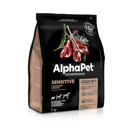 AlphaPet Superpremium полнорационный сухой корм для взрослых собак мелких пород с чувствительным пищеварением, с ягненком и рисом - 7 кг
