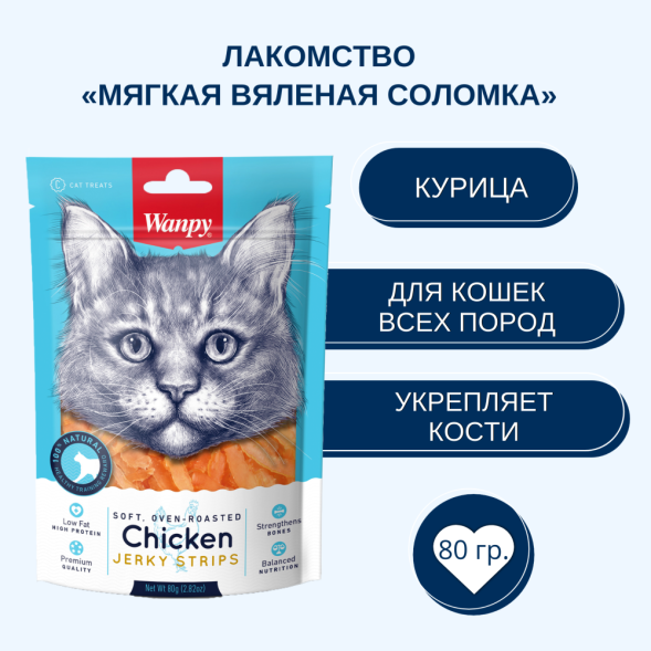 Лакомство Wanpy Cat для кошек «мягкая вяленая соломка» из курицы 80 г