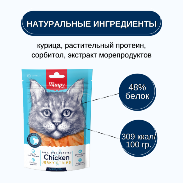 Лакомство Wanpy Cat для кошек «мягкая вяленая соломка» из курицы 80 г