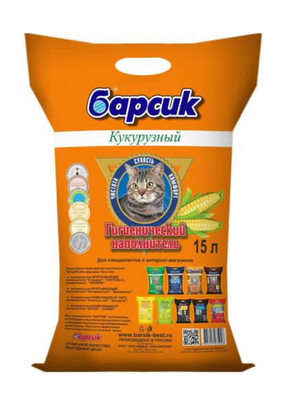 Барсик наполнитель впитывающий кукурузный - 15 л