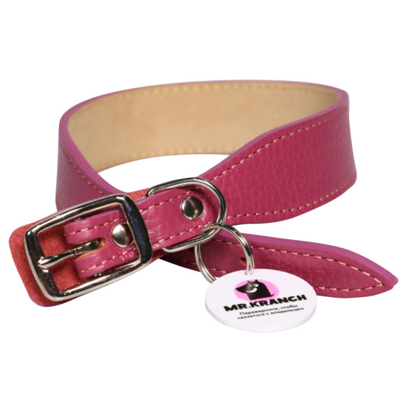 Mr.Kranch ошейник для собак из натуральной кожи с QR-адресником, 20-24 см, малиновый