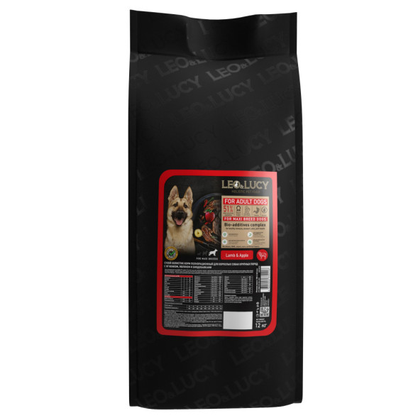 LEO&amp;amp;LUCY сухой холистик корм для взрослых собак крупных пород с ягненком и яблоком - 12 кг