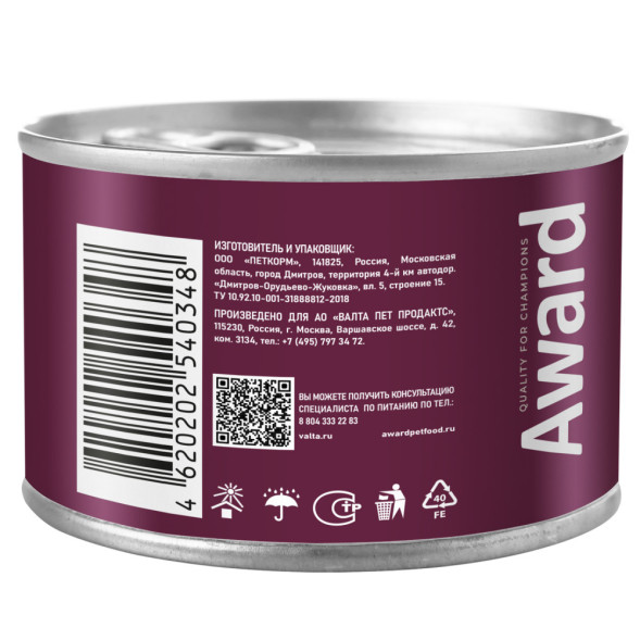 AWARD влажный корм для взрослых собак, паштет с уткой и брусникой, в консервах - 200 г х 12 шт