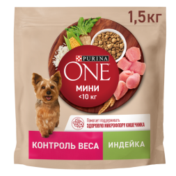 Сухой корм Purina ONE МИНИ Здоровый вес для собак мелких пород, склонных к набору веса с индейкой и рисом 1.5кг