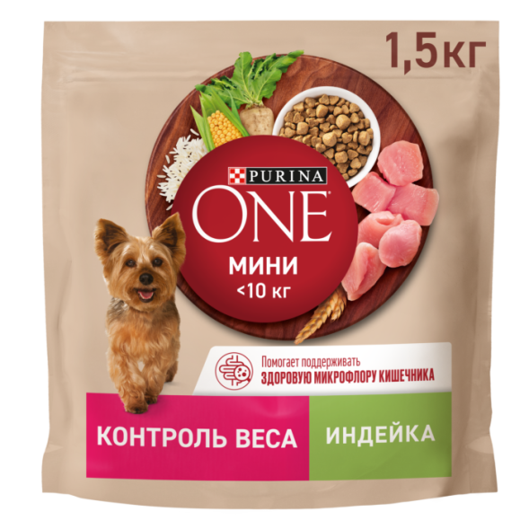 Сухой корм Purina ONE МИНИ Здоровый вес для собак мелких пород, склонных к набору веса с индейкой и рисом 1.5кг