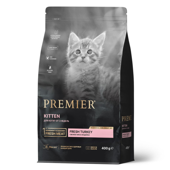 Premier Cat Turkey Kitten сухой корм для котят и кормящих или беременных кошек, свежее мясо индейки - 400 г