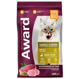 AWARD Hairball &amp;amp; Indoor сухой корм для взрослых кошек, для выведения шерсти, с уткой, индейкой, зеленой чечевицей и юккой Шидигера - 400 г