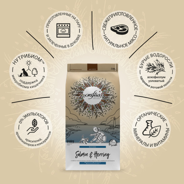 CRAFTIA NATURA сухой корм для щенков миниатюрных и мелких пород с лососем и сельдью - 2 кг