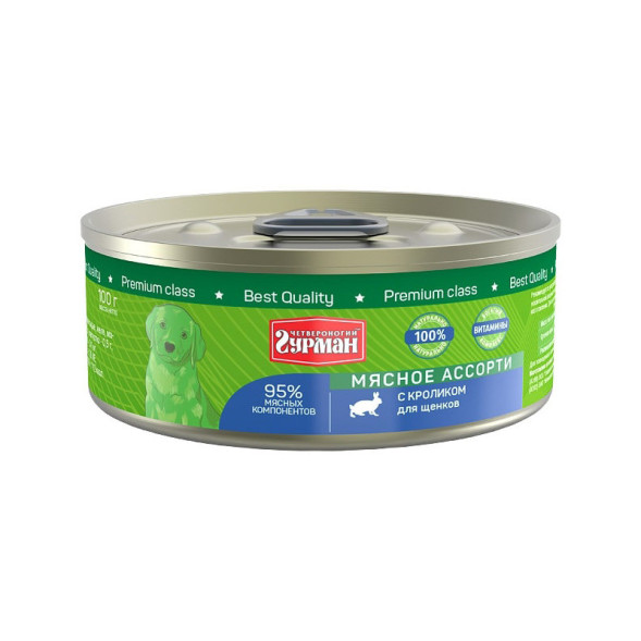 Четвероногий Гурман Мясное ассорти консервированный корм с кроликом для щенков - 100 г (24 шт)