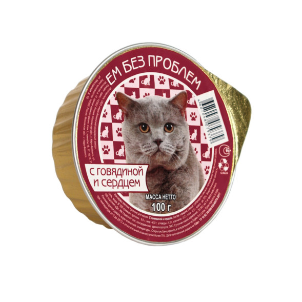 Ем без проблем влажный корм для кошек с говядиной и сердцем, в ламистерах - 100 г х 20 шт