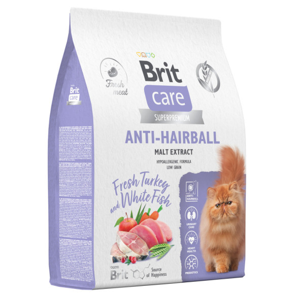 Brit Care Cat Anti-Hairball сухой корм для взрослых кошек для выведения шерсти из желудка, с белой рыбой и индейкой - 7 кг