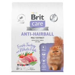 Brit Care Cat Anti-Hairball сухой корм для взрослых кошек для выведения шерсти из желудка, с белой рыбой и индейкой - 7 кг
