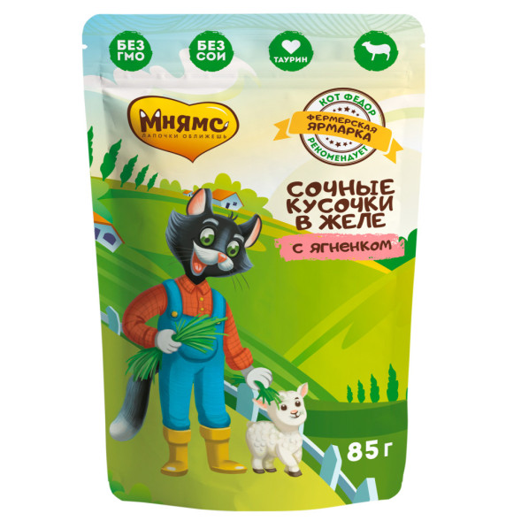 Мнямс Кот Федор Фермерская ярмарка влажный корм для взрослых кошек с ягненком, кусочки в желе, в паучах - 85 г x 12 шт (+12 шт В ПОДАРОК)