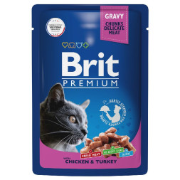 Brit Premium паучи для взрослых кошек с цыпленком и индейкой кусочки в соусе - 85 г х 14 шт