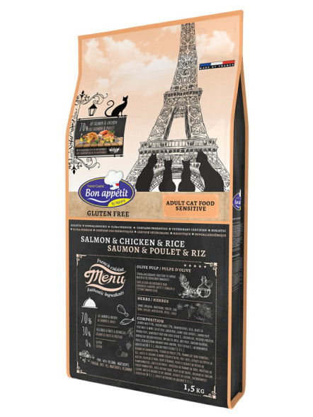 Bon Appetit Cat Adult Sensitive сухой корм для взрослых кошек с чувствительным пищеварением с лососем, курицей и рисом - 1,5 кг