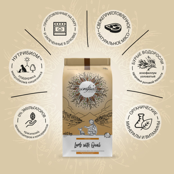 CRAFTIA NATURA сухой корм для взрослых собак миниатюрных и мелких пород с ягненком и перепелкой - 7 кг