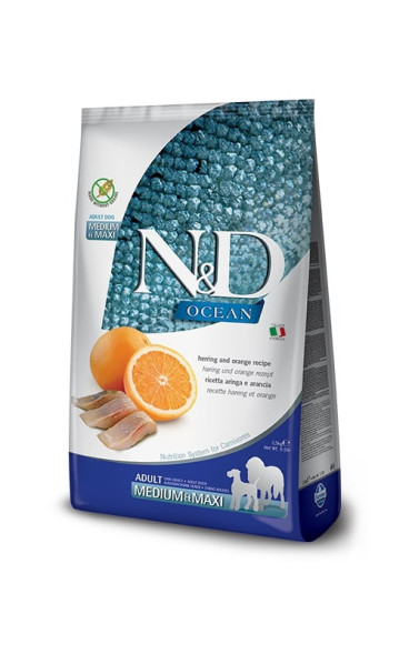 Farmina N&amp;amp;D Ocean Dog Herring And Orange Adult Medium &amp;amp; Maxi сухой беззерновой корм для взрослых собак средних и крупных пород с сельдью и апельсином - 12 кг
