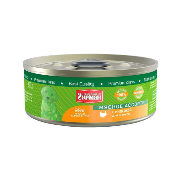 Четвероногий Гурман Мясное ассорти консервированный корм с индейкой для щенков - 100 г (24 шт)