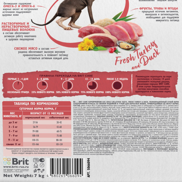 Brit Care Cat Adult Delicious Taste сухой корм для взрослых привередливых кошек, с индейкой и уткой - 7 кг