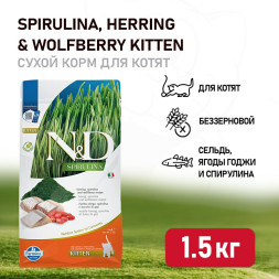 Farmina N&amp;amp;D Cat Spirulina Herring &amp;amp; Wolfberry Kitten сухой корм для котят, с сельдью и ягодами годжи - 1,5 кг