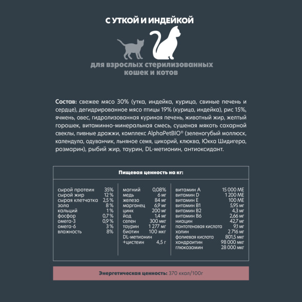 AlphaPet Superpremium сухой полнорационный корм для взрослых стерилизованных кошек и котов с уткой и индейкой - 3 кг