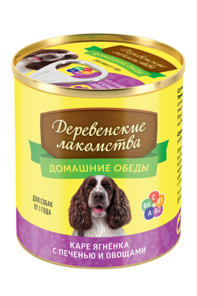 Консервы для взрослых собак Деревенские лакомства Домашние обеды Каре ягненка с печенью и овощами - 240 г х 4 шт