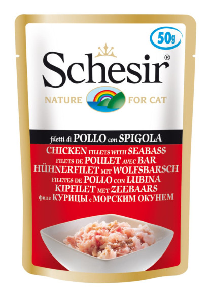 Schesir Cat Adult влажный корм для взрослых кошек с цыпленком и окунем в желе в паучах - 50 г х 30 шт