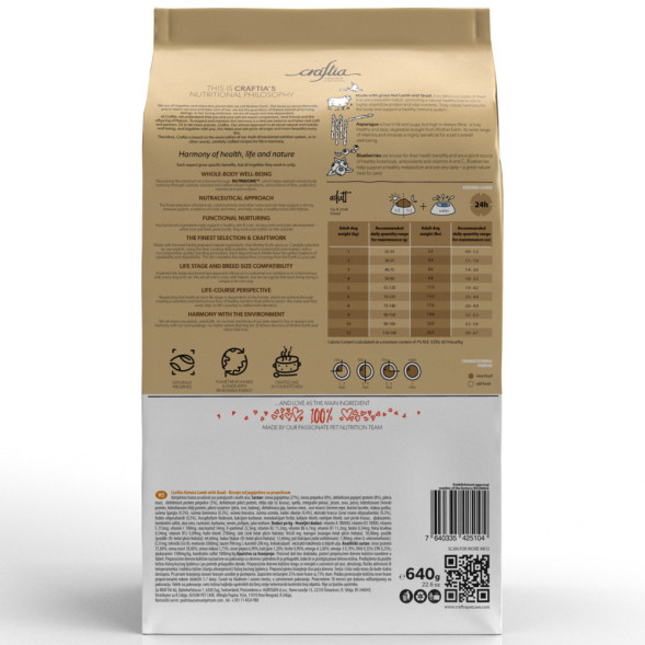 CRAFTIA NATURA сухой корм для взрослых собак миниатюрных и мелких пород с ягненком и перепелкой - 640 г