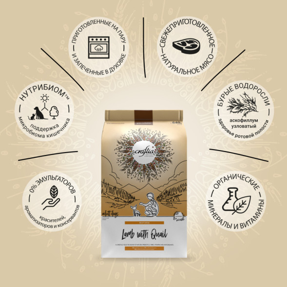 CRAFTIA NATURA сухой корм для взрослых собак миниатюрных и мелких пород с ягненком и перепелкой - 640 г